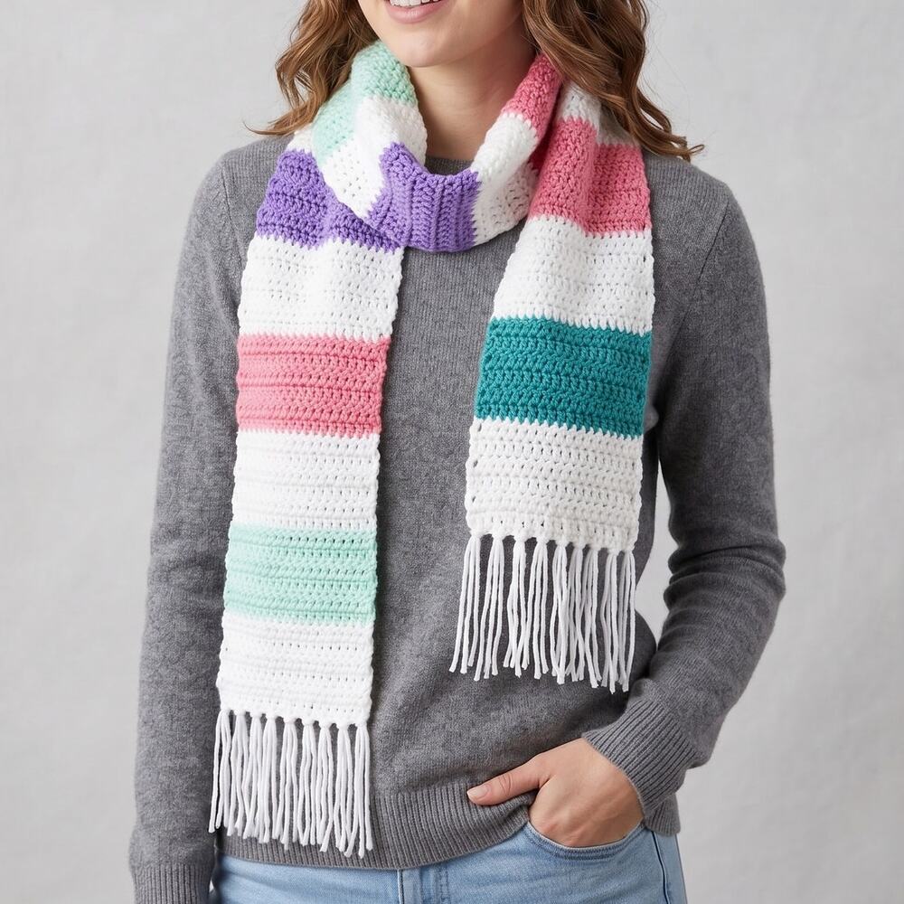 Hand Knit Crochet Rectangle Scarf Purple Pink Green White Fringe